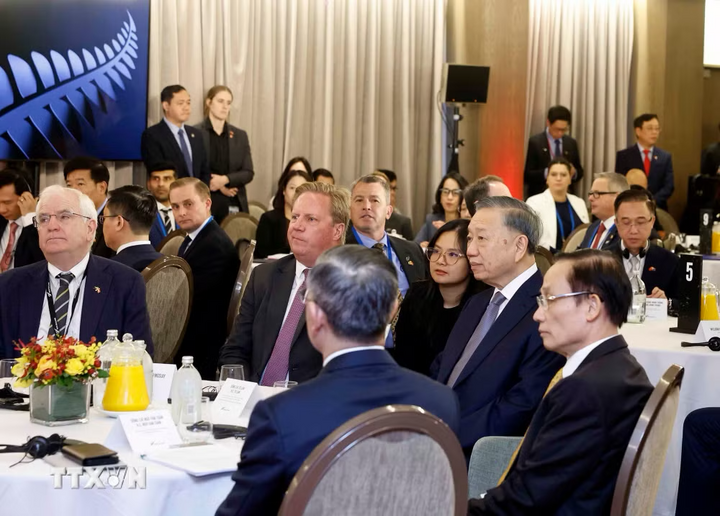 Tổng Bí thư, Chủ tịch nước Tô Lâm và các đại biểu dự Hội nghị bàn tròn doanh nghiệp Việt Nam-New Zealand. Ảnh: Thống Nhất/TTXVN