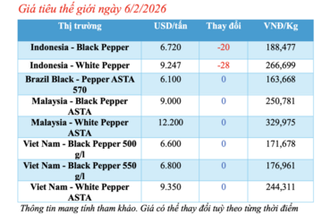 Giá tiêu hôm nay 6/2/2026: Giảm nhẹ tại TP. Hồ Chí Minh