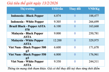 Giá tiêu hôm nay 13/2/2026: Giảm nhẹ vài nơi