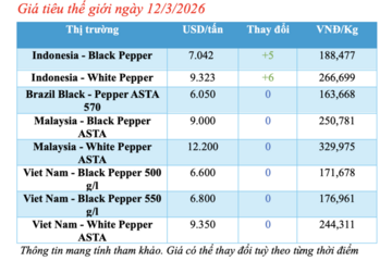 Giá tiêu hôm nay 12/3/2026: Giảm nhẹ vài nơi