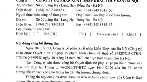 Xuất nhập khẩu Thủy sản Hà Nội bị xử phạt với một loạt vi phạm