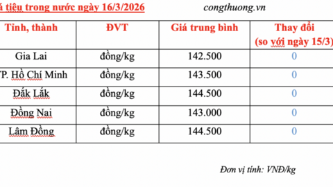 Giá tiêu hôm nay 16/3/2026: Dao động từ 142.500 - 144.500 đồng/kg