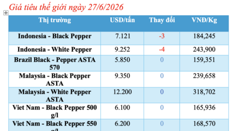 Giá tiêu hôm nay 27/6/2026: Giảm nhẹ tại Đồng Nai
