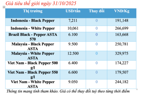 Giá tiêu hôm nay 31/10/2025: Giữ đà tăng giá