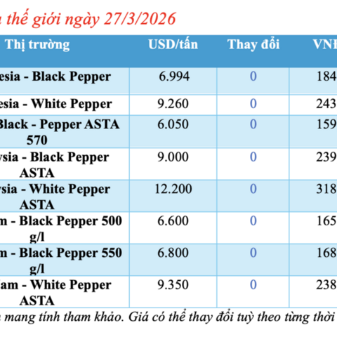 Giá tiêu hôm nay 27/3/2026: Duy trì ngưỡng 137.000 - 139.000 đồng/kg
