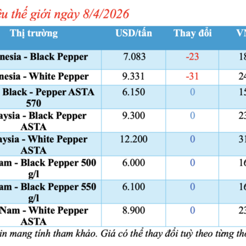 Giá tiêu hôm nay 8/4/2026: Tăng nhẹ 500 đồng/kg