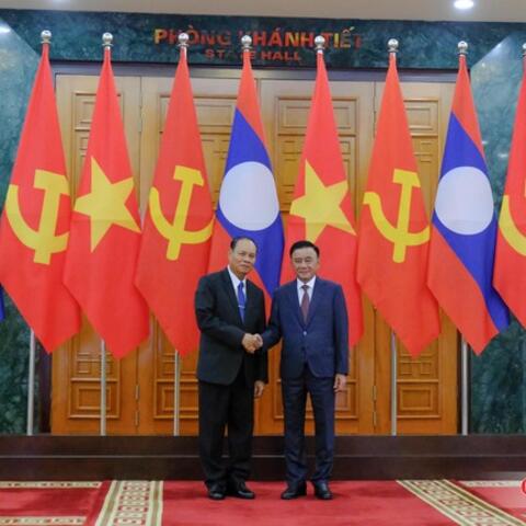 Toàn cảnh Lễ đón Thường trực Ban Bí thư Trung ương Đảng Nhân dân Cách mạng Lào Vilay Lakhamphong