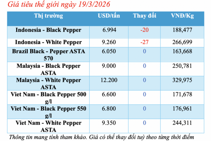 Giá tiêu hôm nay 19/3/2026: Lao dốc, rớt giá đến 5.000 đồng/kg
