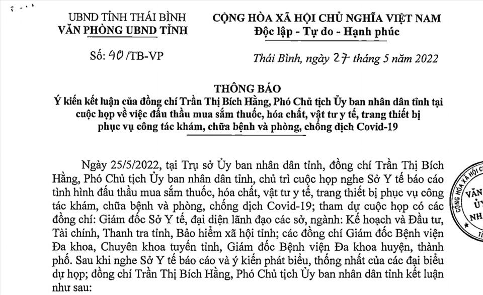 Thông báo kết luận chỉ đạo của bà Trần Thị Bích Hằng - Phó Chủ tịch UBND tỉnh Thái Bình liên quan hoạt động đấu thầu, mua sắm thuộc lĩnh vực y tế tại địa phương.