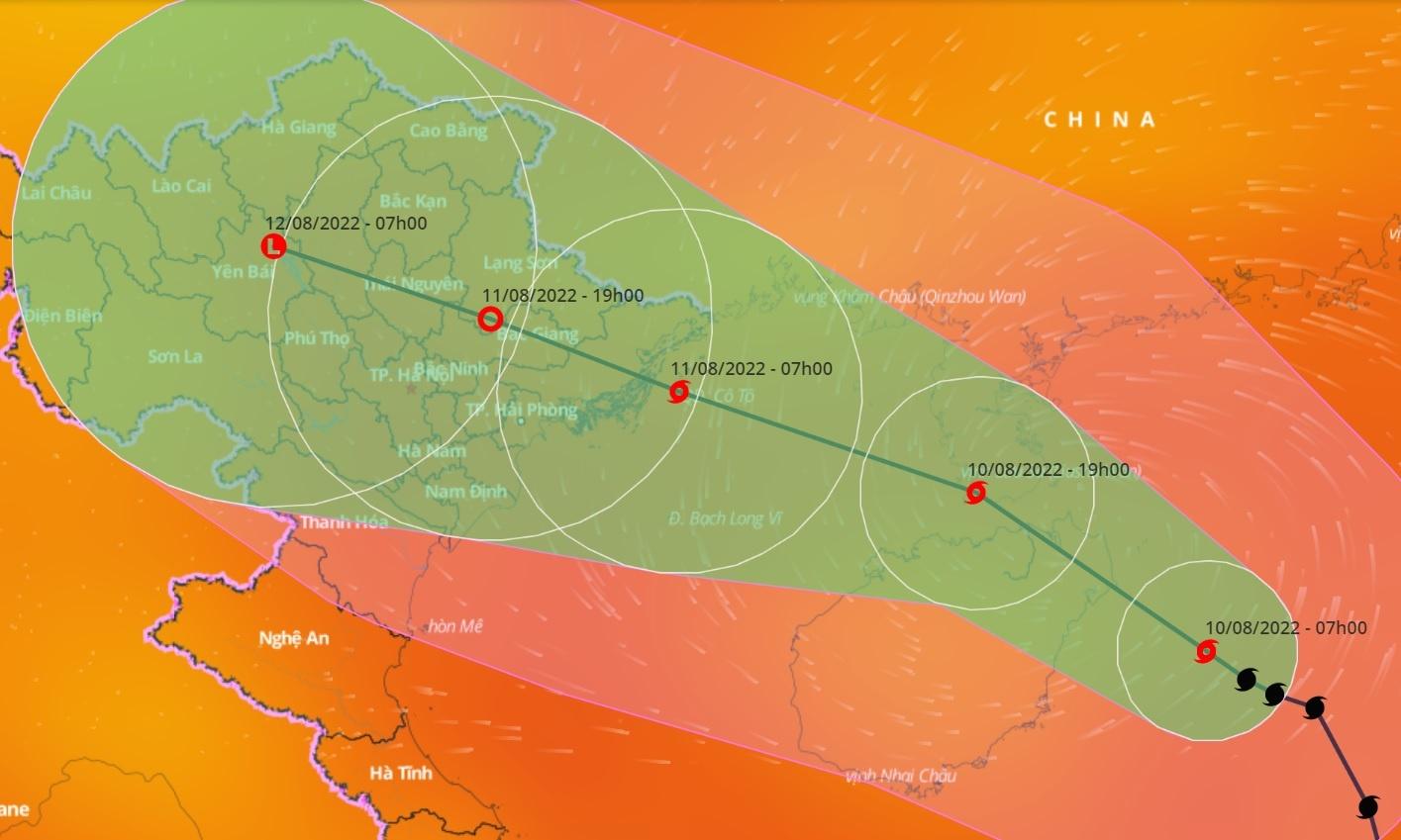 Bản đồ dự báo đường đi cho thấy bão số 2 hướng thẳng vào vịnh Bắc Bộ sau đó di chuyển vào đất liền miền Bắc. Ảnh: VNDMS.