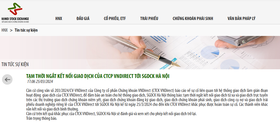 Hệ thống bị tấn công, Công ty Chứng khoán VNDirect ngắt kết nối với Sở giao dịch Chứng khoán Hà Nội