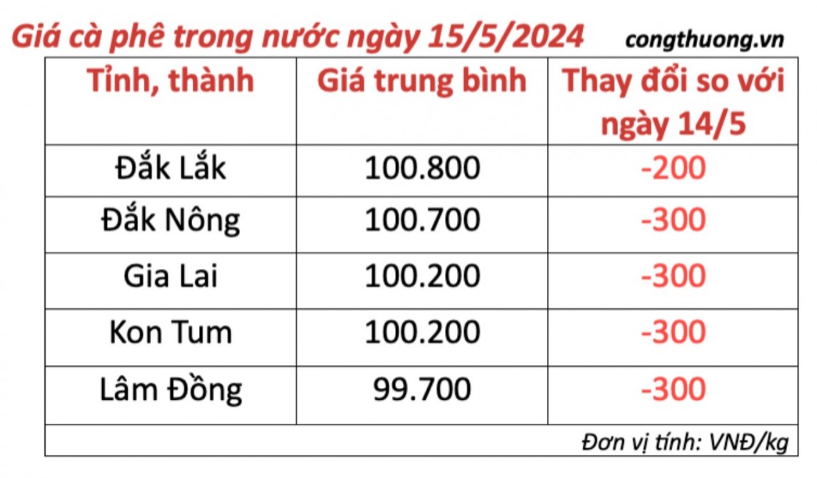 Giá cà phê hôm nay, 15/5/2024: Giá cà phê trong nước giảm nhẹ