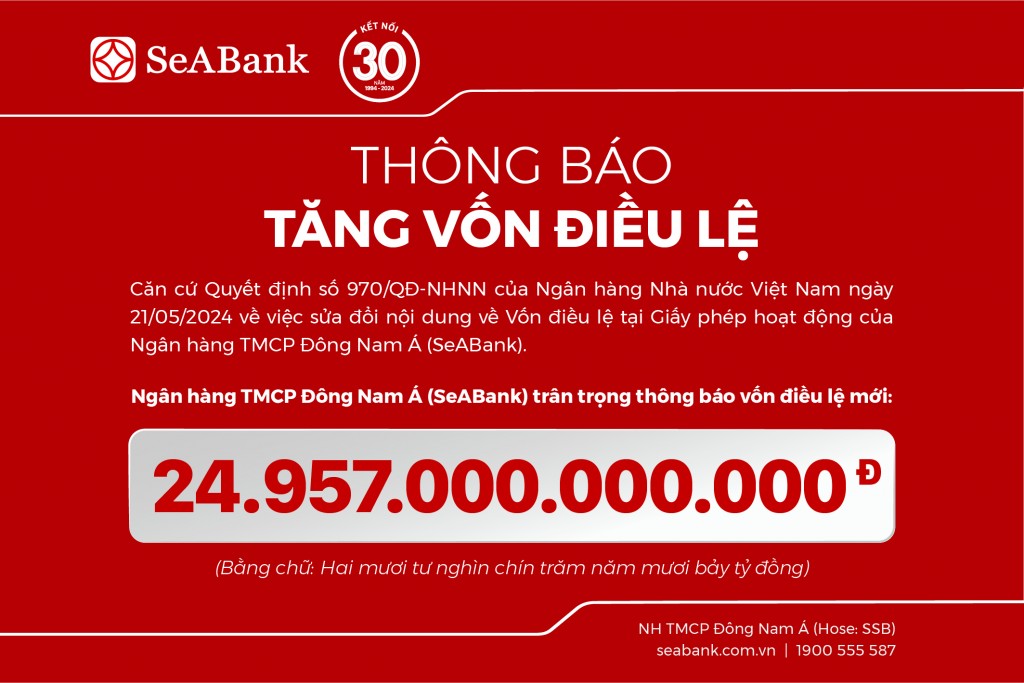 SeABank hoàn tất tăng vốn điều lệ lên 24.957 tỷ đồng