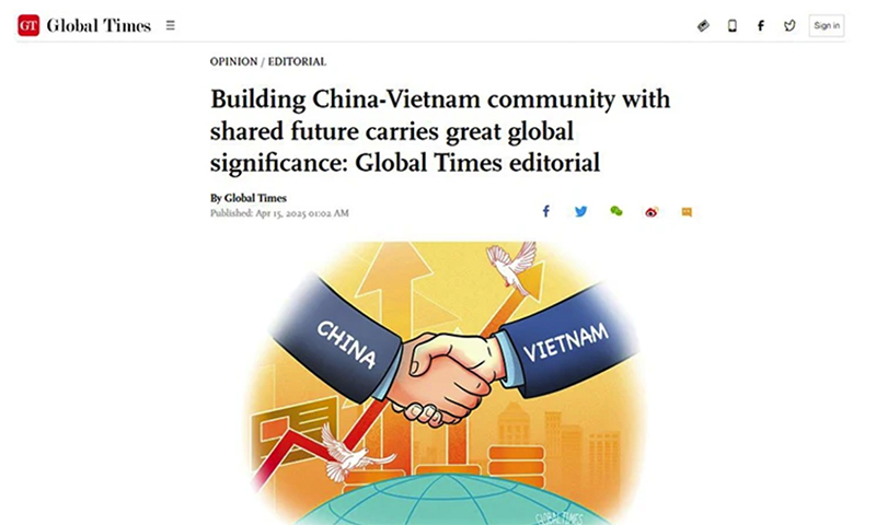 Bài xã luận “Xây dựng Cộng đồng chia sẻ tương lai Trung Quốc-Việt Nam có ý nghĩa toàn cầu quan trọng” trên tờ Thời báo Hoàn cầu. (Ảnh chụp màn hình)
