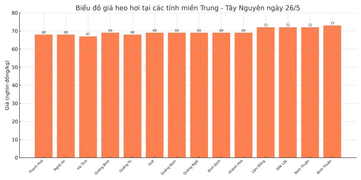 Biểu đồ giá heo hơi tại các tỉnh miền Trung - Tây Nguyên ngày 26/5.