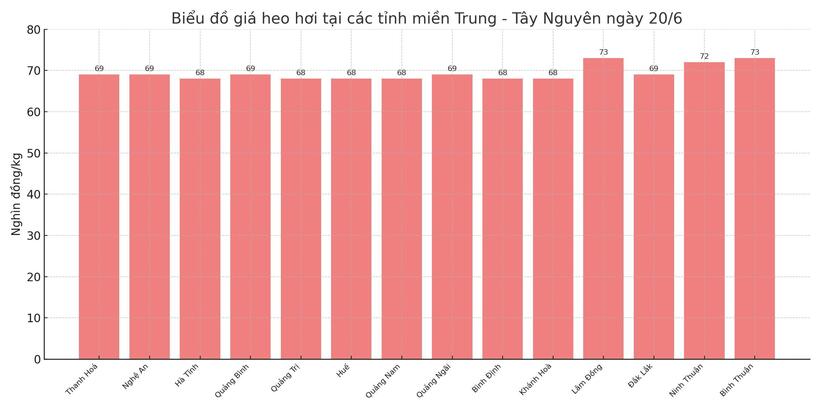 Biểu đồ giá heo hơi tại các tỉnh miền Trung - Tây Nguyên ngày 20/6.