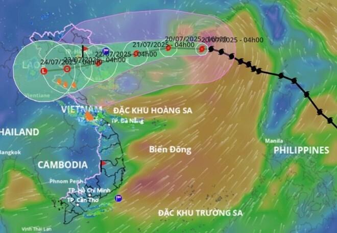 Vị trí và đường đi của bão Wipha cập nhật vào 5 giờ ngày 20/7.