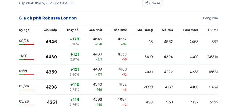 Giá cà phê Robusta London sáng ngày 9/9/2025