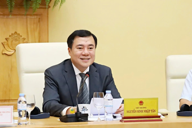 Thứ trưởng Nguyễn Sinh Nhật Tân trao đổi tại cuộc làm việc.