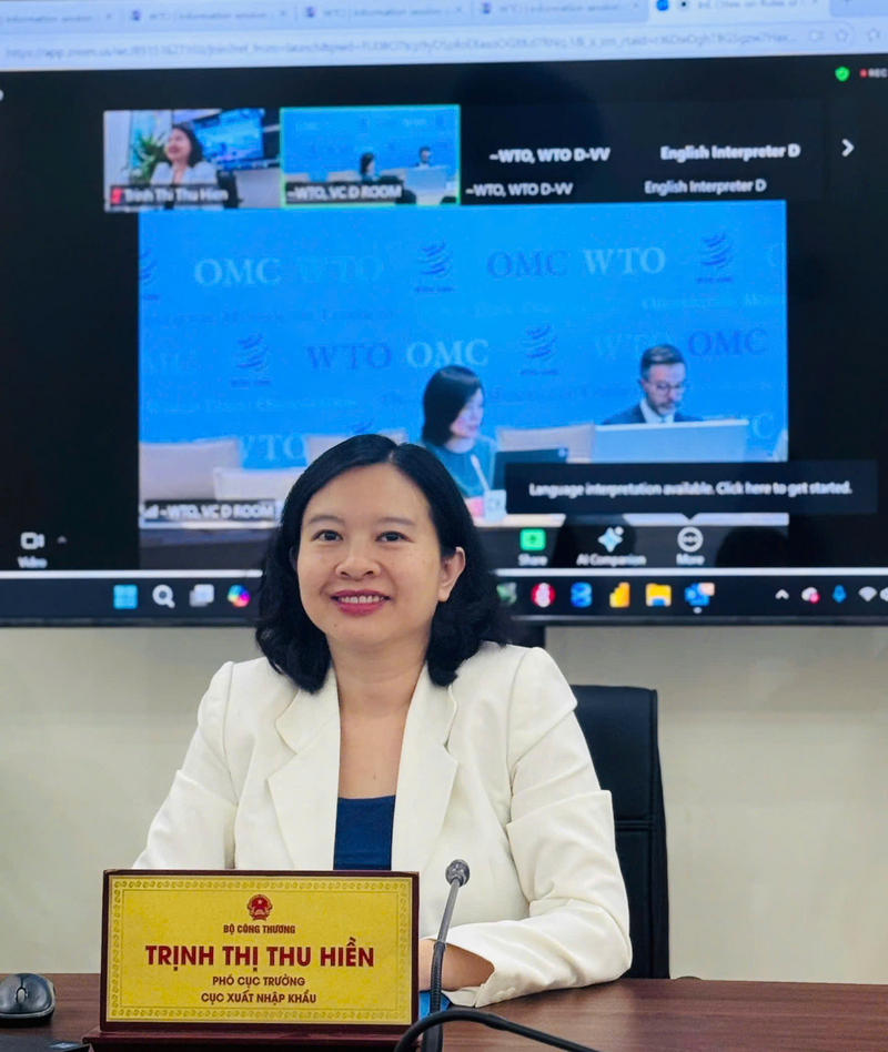 Bà Trịnh Thị Thu Hiền - Phó Cục trưởng Cục Xuất nhập khẩu (Bộ Công Thương) phát biểu trực tuyến tại Phiên họp Ủy ban Quy tắc xuất xứ của WTO