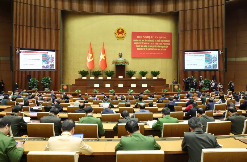 Hội nghị toàn quốc nghiên cứu, học tập, quán triệt và triển khai thực hiện Nghị quyết số 79 - NQTW về phát triển kinh tế Nhà nước và Nghị quyết số 80-NQTW về phát triển văn hóa Việt Nam. Ảnh: VGP