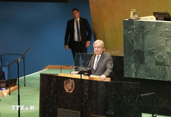 Tổng Thư ký LHQ Antonio Guterres phát biểu tại phiên khai mạc Khóa họp 81 Đại hội đồng Liên hợp quốc ở New York (Mỹ) ngày 8/9/2026. (Ảnh: THX/TTXVN phát)